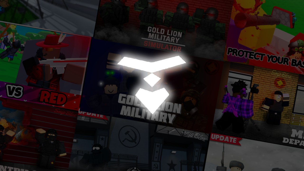Collage of SnipBlox Games title thumbnails including Gold Lion Military Simulator and Protect Your Base